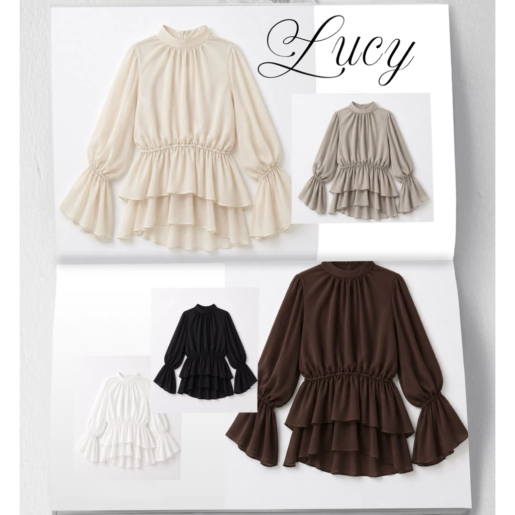 lucy - ana studio เสื้อชีฟองระบายสองชั้นจ้ำเอว แขนจั๊มปล่อย ซับในทั้งตัว