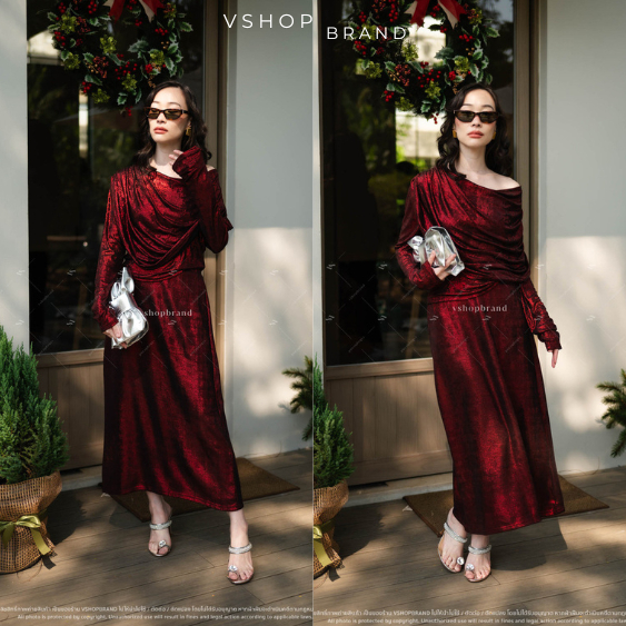 พร้อมส่ง Set เสื้อแขนยาวคอถ่วงผ้าวิ้ง + กป.ยาว งานป้ายvshopbrand