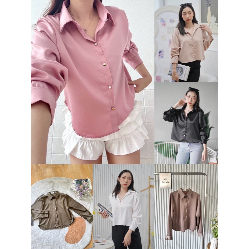 ป้าย Bubble girl เสื้อเชิ้ตครอปผ้าซาติน อก 40 นิ้ว ยาว 20 นิ้ว