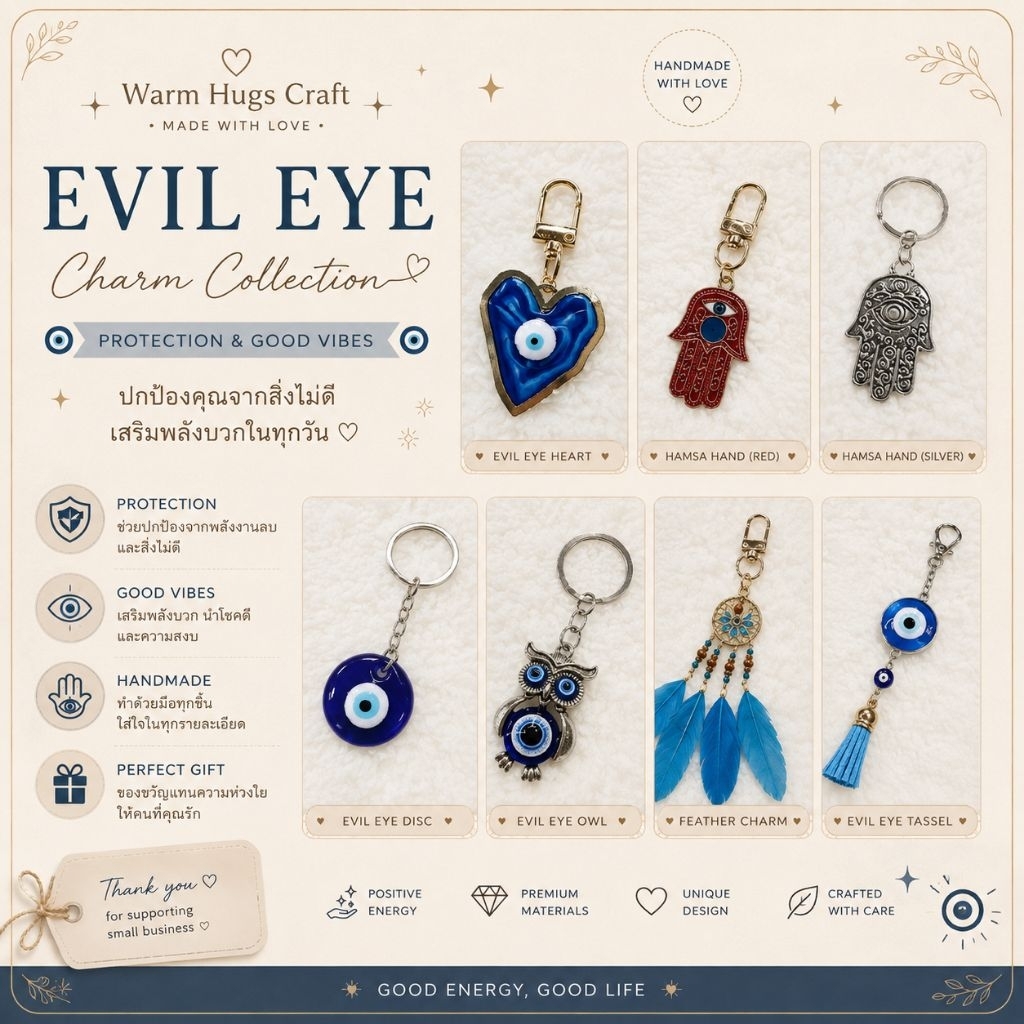 Keychain >> EVIL EYE 🧿 พวงกุญแจ ที่ห้อยมือถือ ที่ห้อยโทรศัพท์ | เครื่องราง ปกป้อง Hamsa Wicca Clover | ของขวัญปัจฉิม