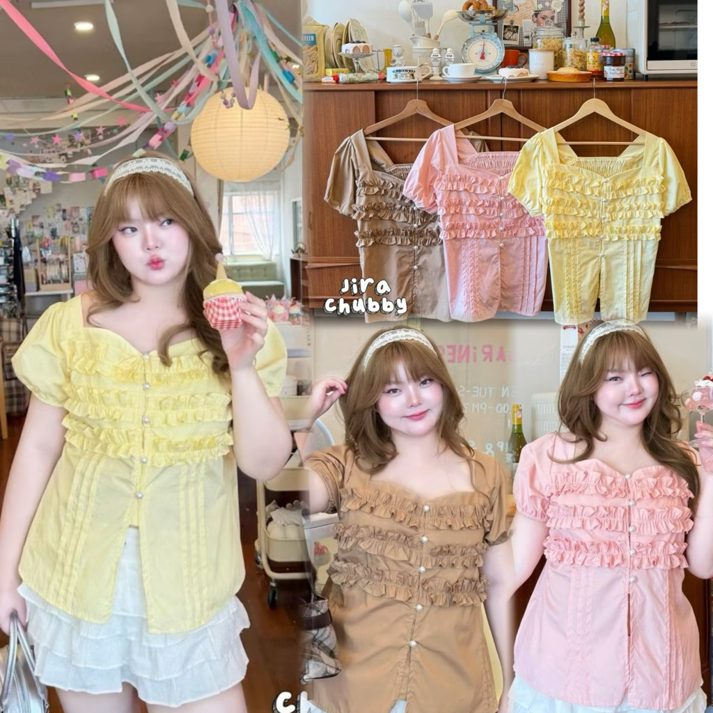 JIRA-เสื้อคอแต่งระบายช่วงอก แขนตุ๊กตา ผ้า cotton แท้ 100% งานกระดุมมุขถอดติดใช้งานได้จริง