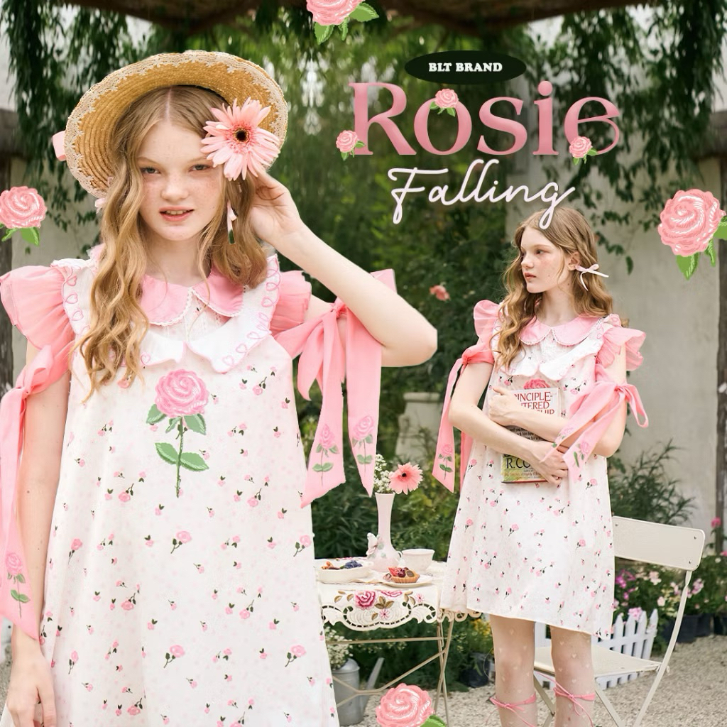 เดรส BLT MYT x BLT BRAND : [BT92] : Rosie Falling : Set Dress เจ้าเซ็ทมินิเดรสลายดอกกุหลาบสีชมพู