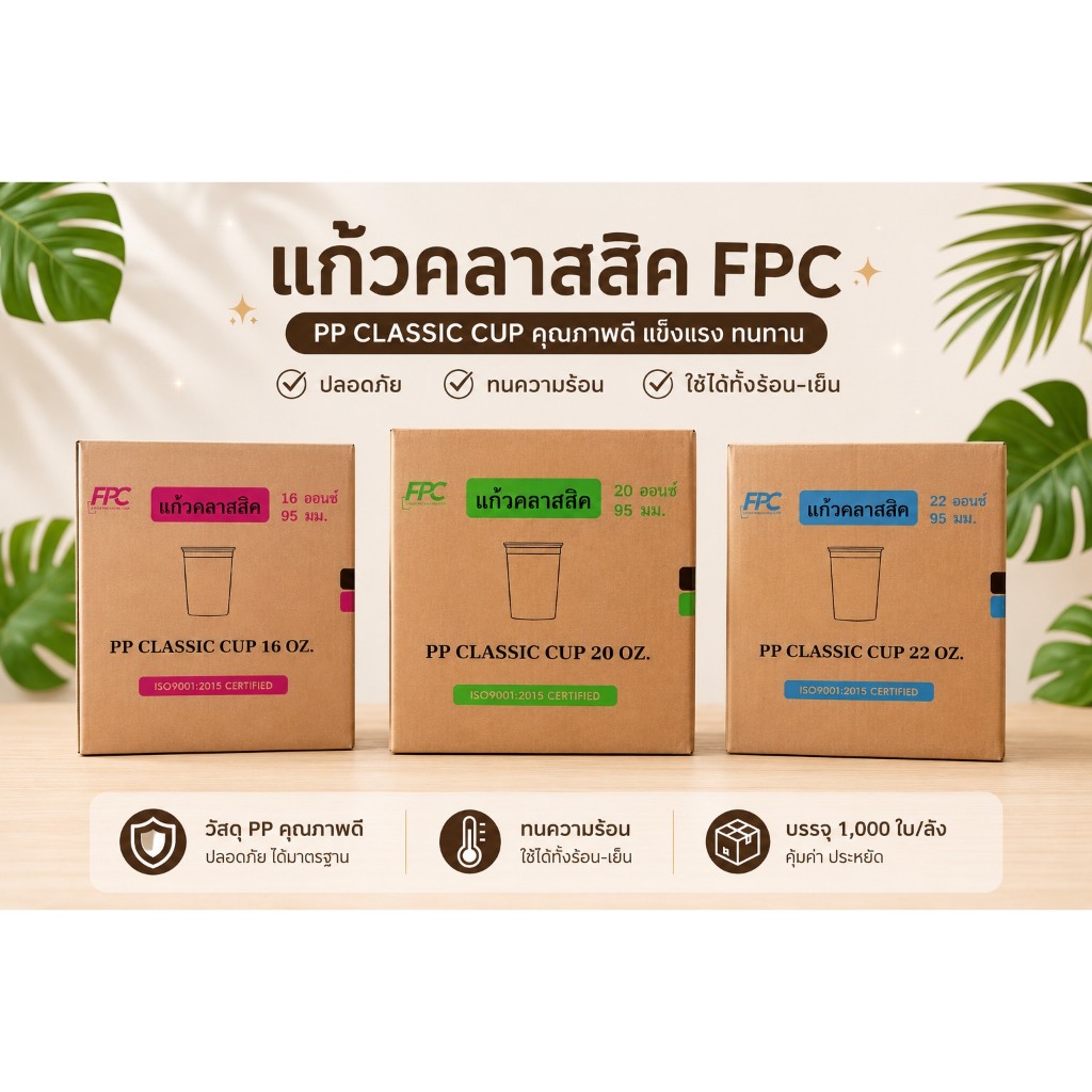 [ยกลัง*20 แถว] แก้วพลาสติก เนื้อ PP ทรงคลาสสิค ขนาด 16 , 20 , 22 ออนซ์ ยี่ห้อ FPC บรรจุ 1,000 ใบ