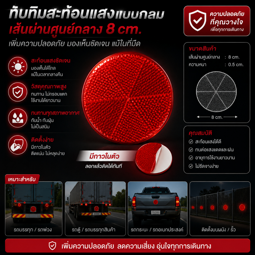 ทับทิมสะท้อนแสงสำหรับติดพ่วงรถบรรทุก ทับทิมสะท้อนแสงกลม