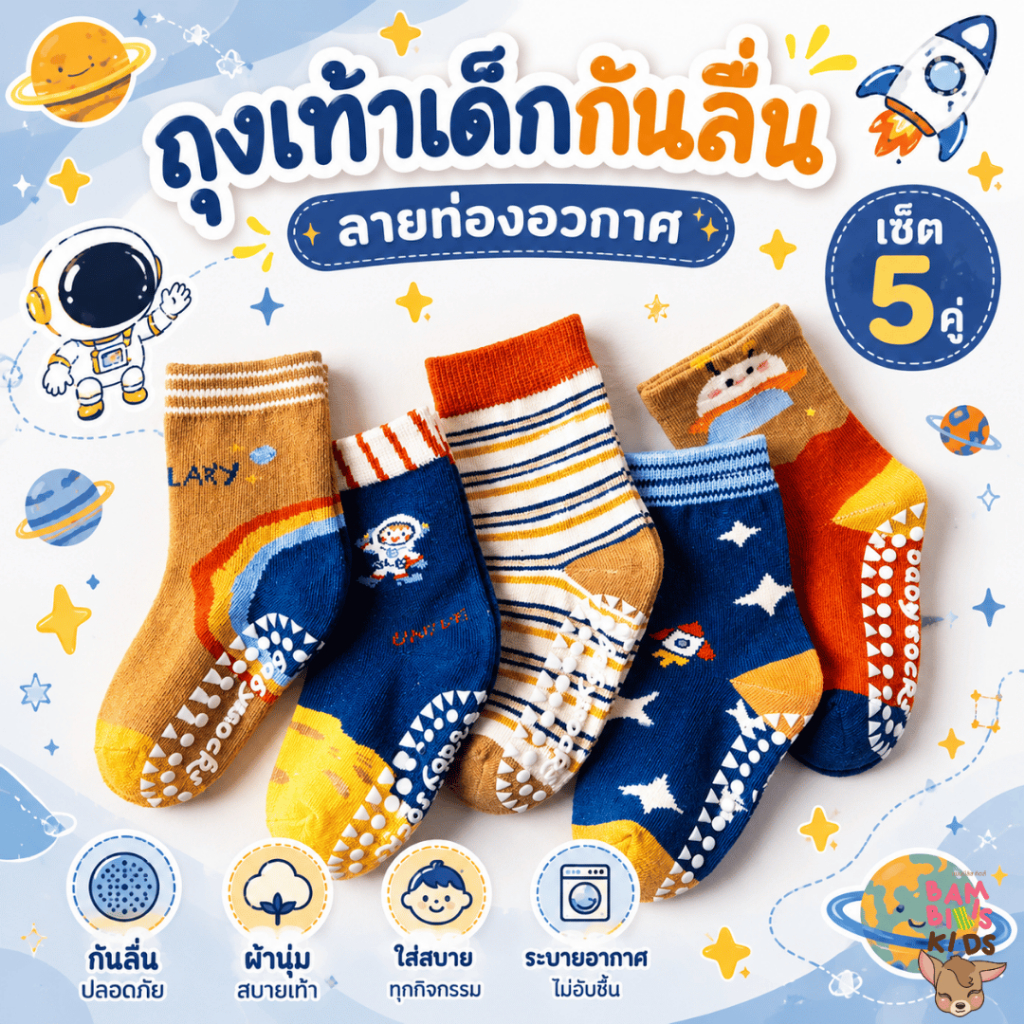 Bambilis : ⚡พร้อมส่ง⚡ ถุงเท้าเด็ก ถุงเท้าเด็กกันลื่น  1 แพคมี 5 คู่ ลาย UFO