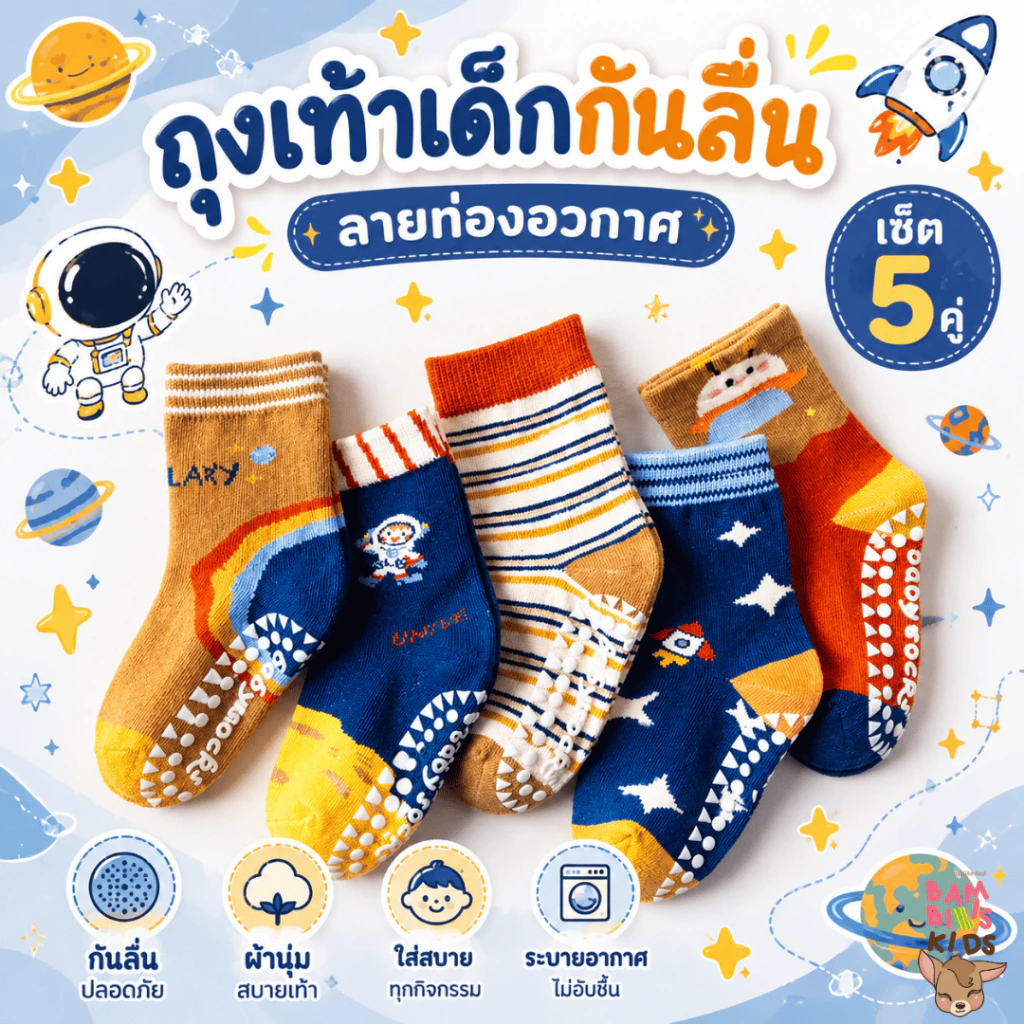 Bambilis : ⚡พร้อมส่ง⚡ ถุงเท้าเด็ก ถุงเท้าเด็กกันลื่น 1 แพคมี 5 คู่ ลายท่องอวกาศ