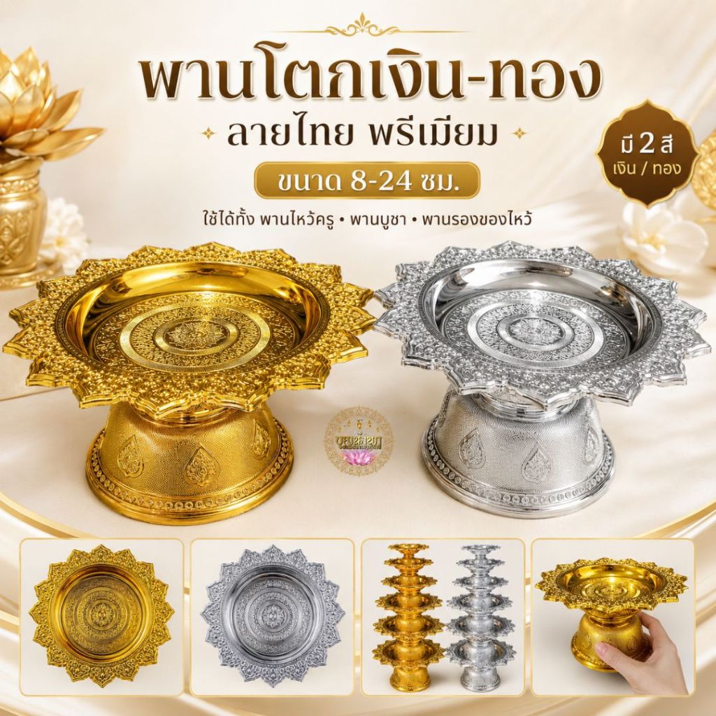 พานไหว้ครู พานโตก เงิน ทองพานใส่ดอกไม้ พานบูชา พานของไหว้ ขนาด 8-22 ซม. สำหรับจัดพานไหว้ครู งานพิธี ไหว้พระ ตั้งโต๊ะ