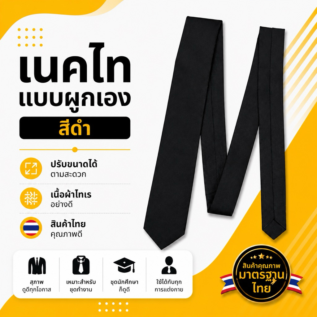 เนกไทสีดำ เนคไท แบบผูกเอง ผ้าโทเรสีดำสนิท สินค้าไทย ผลิตในไทย