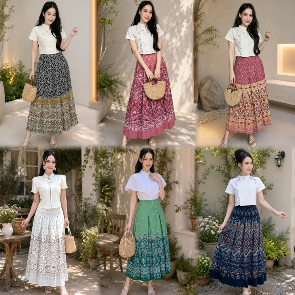 กระโปรงจีบทวิสผ้าไทย (สำหรับเอว27-38นิ้ว,สะโพกไม่เกิน40นิ้ว,ความยาวกระโปรง33-35นิ้ว) ผ้าฝ้ายพิมพ์ลาย กระโปรงผ้าไทย
