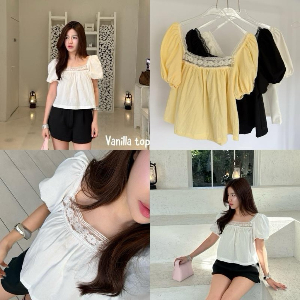 Vanilla Top - เสื้อแขนพองแต่งลูกไม้ แขนตุ๊กตา ผ้าฝ้าย คอเหลี่ยมแต่งขอบลูกไม้ (วานิลา)