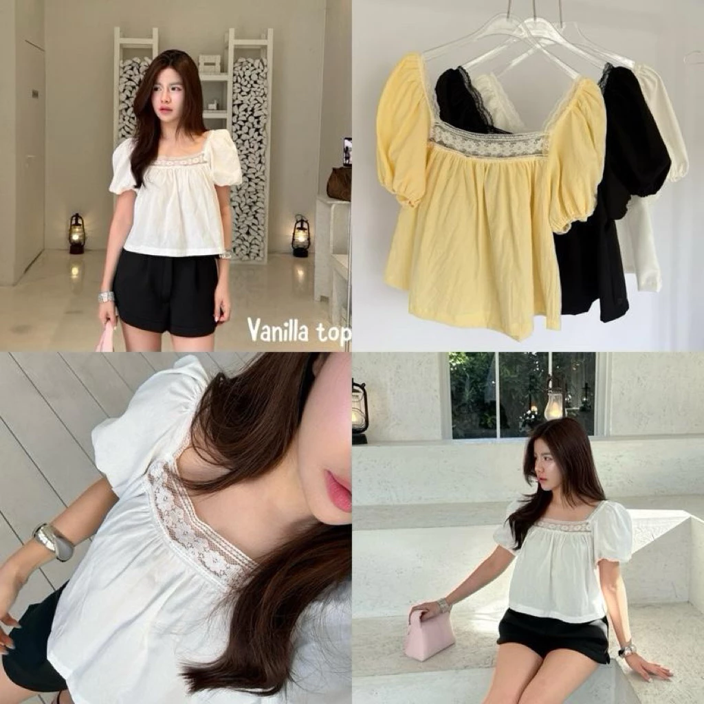 Vanilla Top - เสื้อแขนพองแต่งลูกไม้ แขนตุ๊กตา ผ้าฝ้าย คอเหลี่ยมแต่งขอบลูกไม้ (วานิลา)
