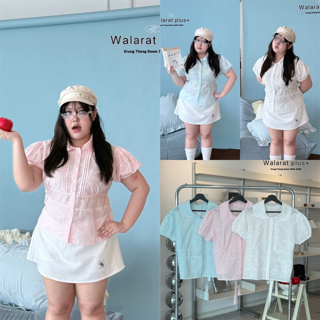 (WR) เสื้อเชิ้ตผูกหลัง ผ้าฉลุลายโบว์ น่ารัก สดใสมาก เสื้อผ้าสาวอวบอ้วน พลัสไซส์ ไซส์ใหญ่