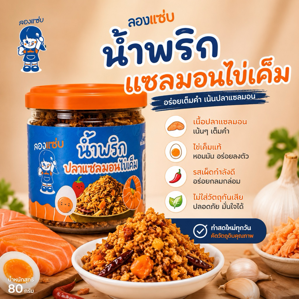 [ลองแซ่บ]🌟น้ำพริกแซลมอนไข่เค็ม🌟 สูตรเผ็ดจัดจ้าน โปรตีนสูงจากปลาแซลมอน ไม่เหม็นหืน สะอาด ปลอดภัย
