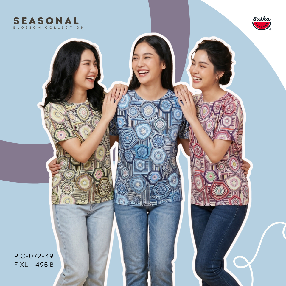 เสื้อแตงโม (SUIKA) - เสื้อยืด คอปาด โปเชียลพิมพ์ลายดอกไม้(P.C-072 302 196) — صورة 3