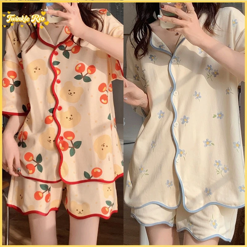 ชุดนอนแขนสั้น สไตล์เกาหลี มีบราในตัว ผ้าฝ้ายนุ่มใส่สบาย 3XL พร้อมส่ง