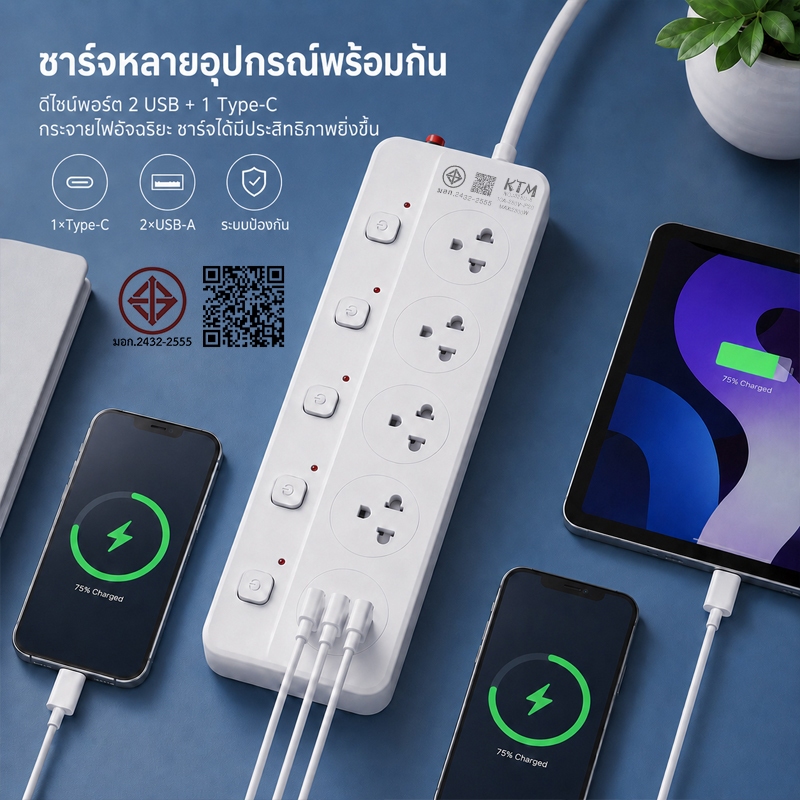 Panasi ปลั๊กไฟ 3/4/5 ช่อง 2USB-1Type-C 10A 250V 2300W ปลั๊กพ่วง มอก. สวิตช์แยก ม่านนิรภัย สีขาว รับประกัน
