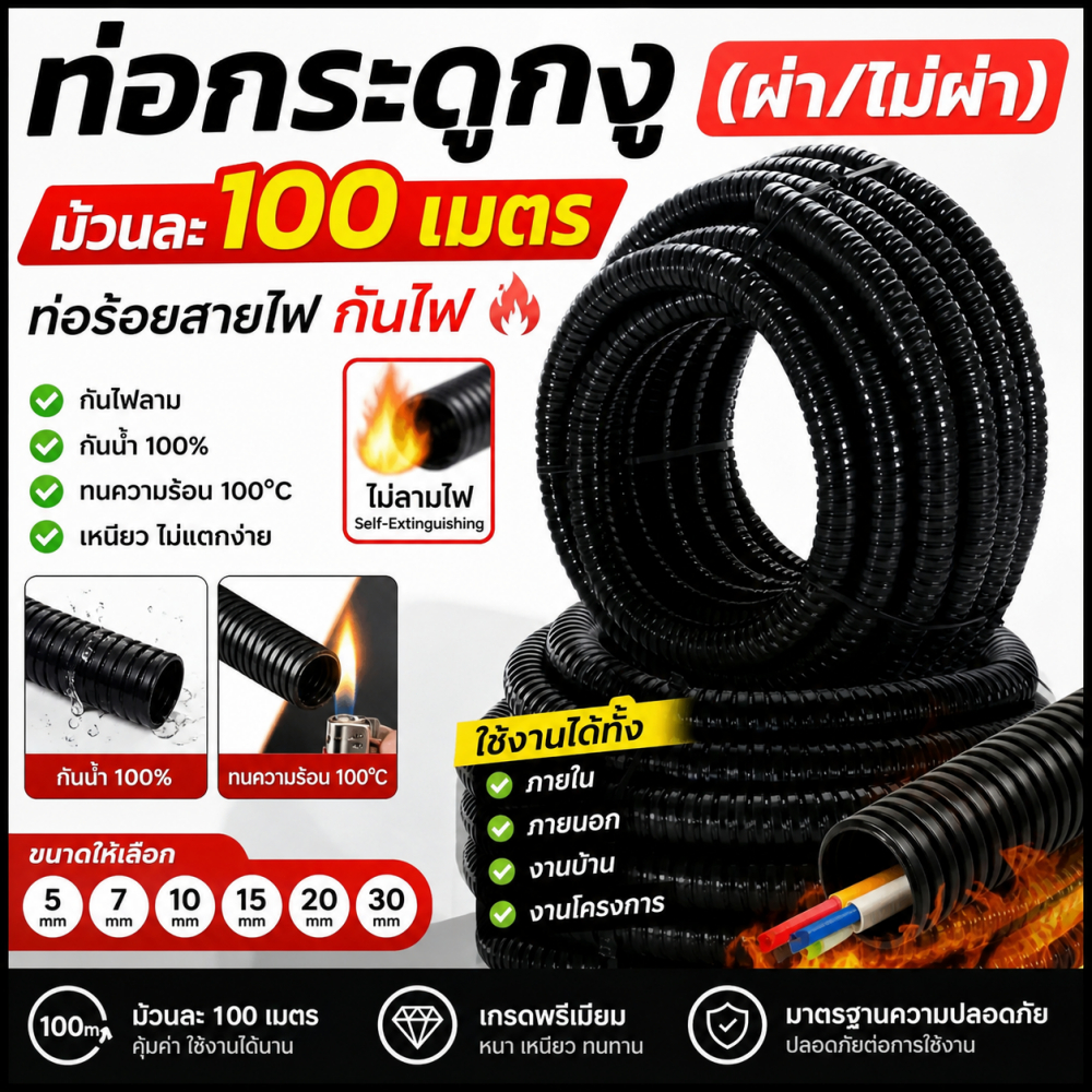 【จัดส่งจากกรุงเทพ】ท่อกระดูกงู ท่ออ่อนร้อยสายไฟ ขนาด 5-30 มม. 100 เมตร/ 50 เมตร ขายเป็นม้วน กระดูกงู 【สามารถออกใบเสร】