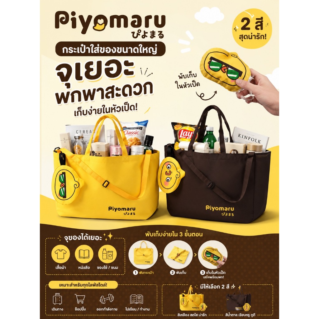 กระเป๋าสะพายเดินทางใบใหญ่พับได้ PIYOMARUลิขสิทธิ์แท้ 100%