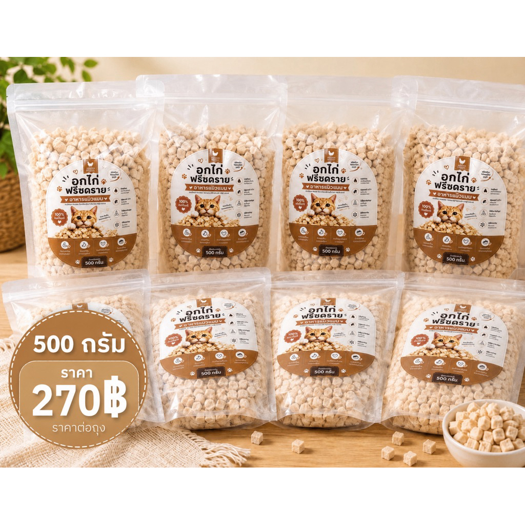 ฟรีซดรายแมว บรรจุ 500 g ราคา 270฿ /ถุง น้องแมวติดใจทุกตัว 😻