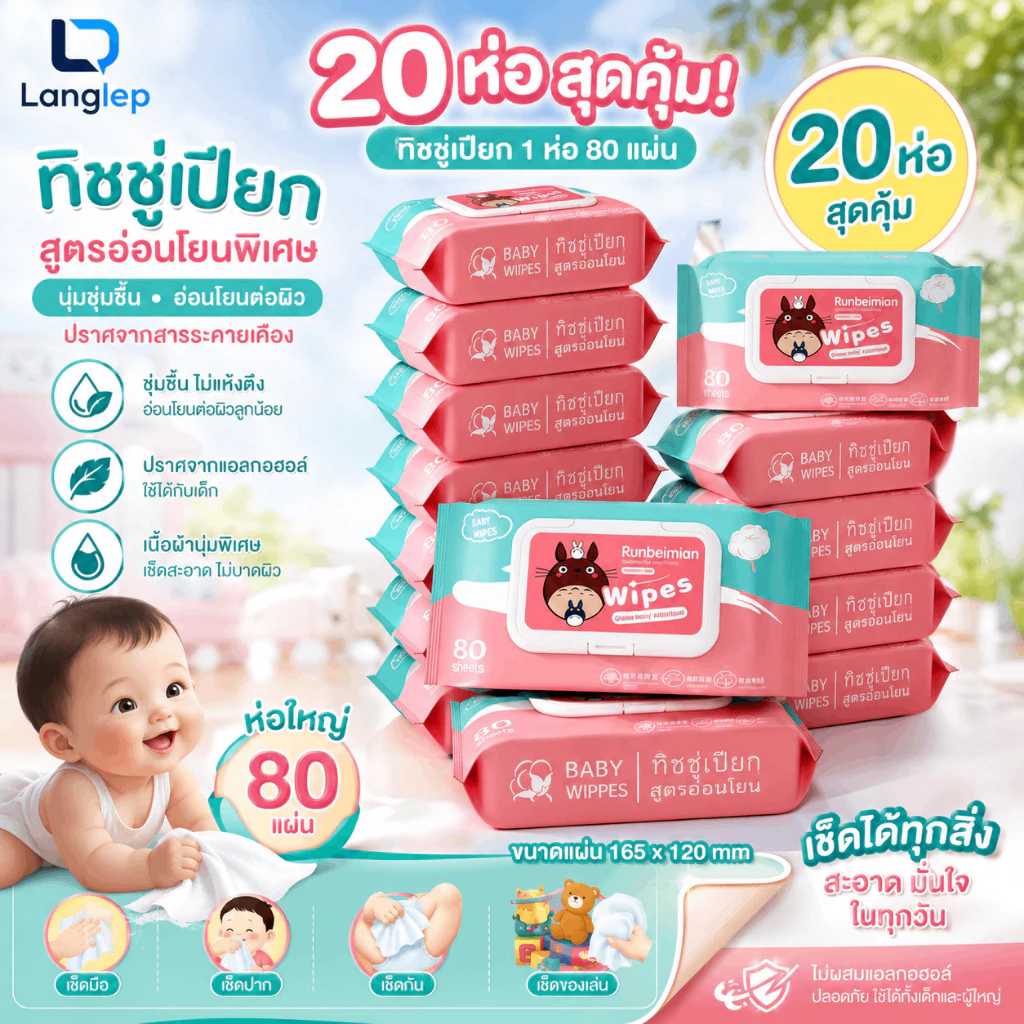 ทิชชูเปียก 1ห่อ80แผ่น (ยกแพค 20 ห่อ) ทิชชู่เปียก ของเด็ก กระดาษเปียก ผ้านุ่มชุ่มชื่น อ่อนโยนต่อ ผิว ปลอดภัยจากสารเคมี
