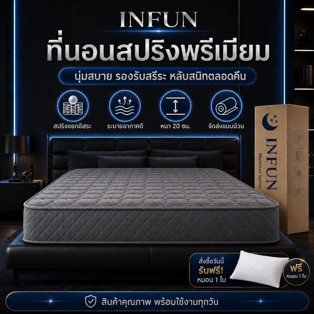 INFUN ที่นอนพ็อกเก็ตสปริง หนา8นิ้ว ให้สัมผัสนุ่มแน่น ผสานนวัตกรรมชาโคล ขนาด 3.5/4/5/6 ฟุต