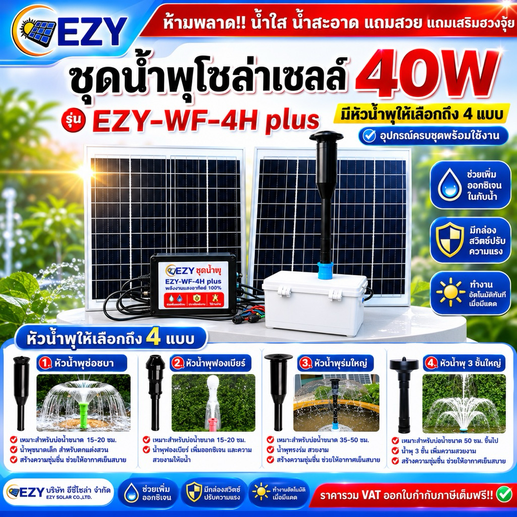 ปรับฮวงจุ้ย น้ำพุโซลาร์เซลล์รุ่น EZY-WF-4H plus 40W สำเร็จรูปพร้อมใช้งาน