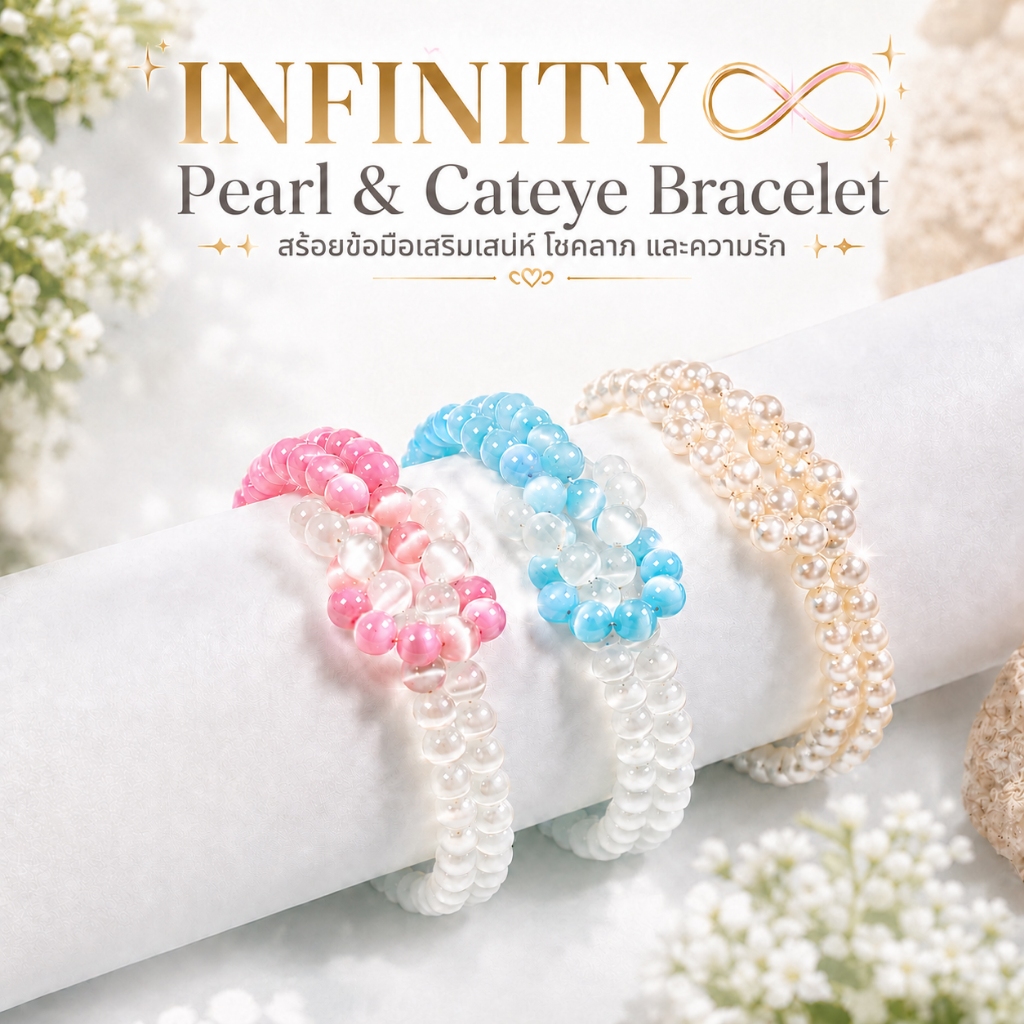 สร้อยข้อมือหินมงคล ห่วงอินฟินิตี้ Infinity หินแคทอาย มุก เสริมเสน่ห์ ความรัก ใส่แล้วดูดี มีออร่า