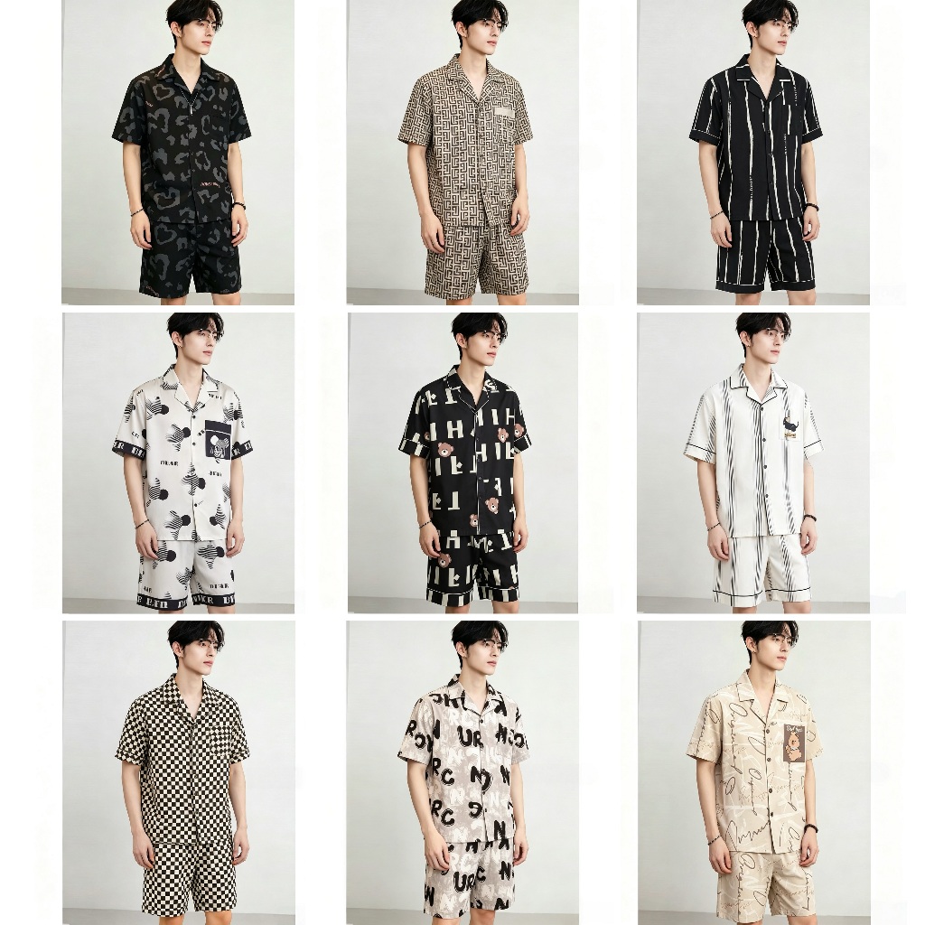 ชุดนอนผู้ชายเสื้อเชิ้ตดูหรูสง่างาม สวมข้างนอกได้ ผ้าไหมอิตาลี นุ่มระบายอากาศ ลายพิมพ์สวยงาม