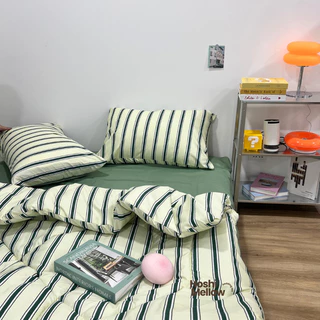ชุดเครื่องนอน 6 ชิ้น ( ผ้านวม 6 ฟุต ) ผ้าcotton100% ลายริ้ว สีไม่ตก ผ้าไม่ขึ้นขน มุมสูง 11 นิ้ว