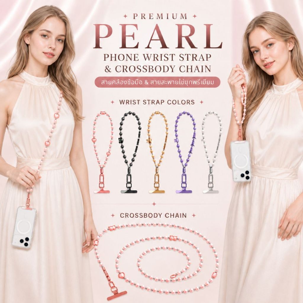 (ส่งทันที) สายคล้องมือถือ / สายสะพาย Premium Pearl Phone Wrist Strap / Crossbody Chain