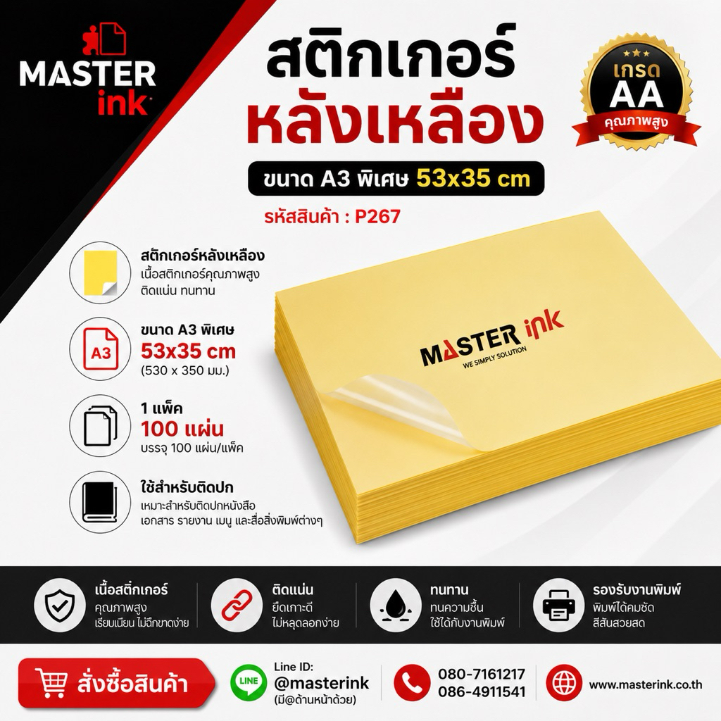 🔥ลด 30.- โค้ด INC5LEL5🔥สติกเกอร์หลังเหลือง สำหรับติดปกหนังสือ ขนาด A3 พิเศษ 53x35 cm บรรจุ 100/แพ็ค