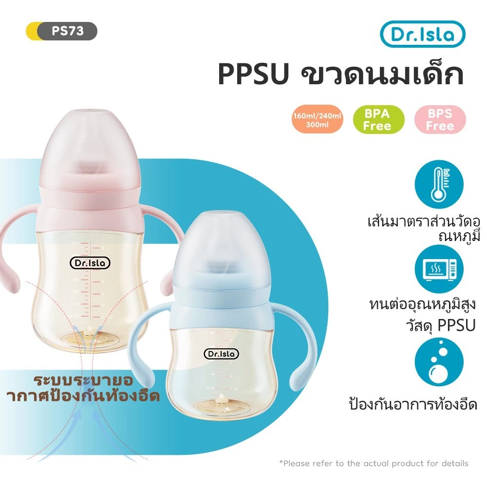 Dr.isla ขวดนมป้องกันอาการจุกเสียดสำหรับทารก ppsu 50mm คอกว้ การเปลี่ยนสี 5/8/11 ออนซ์ BPA Free PS73