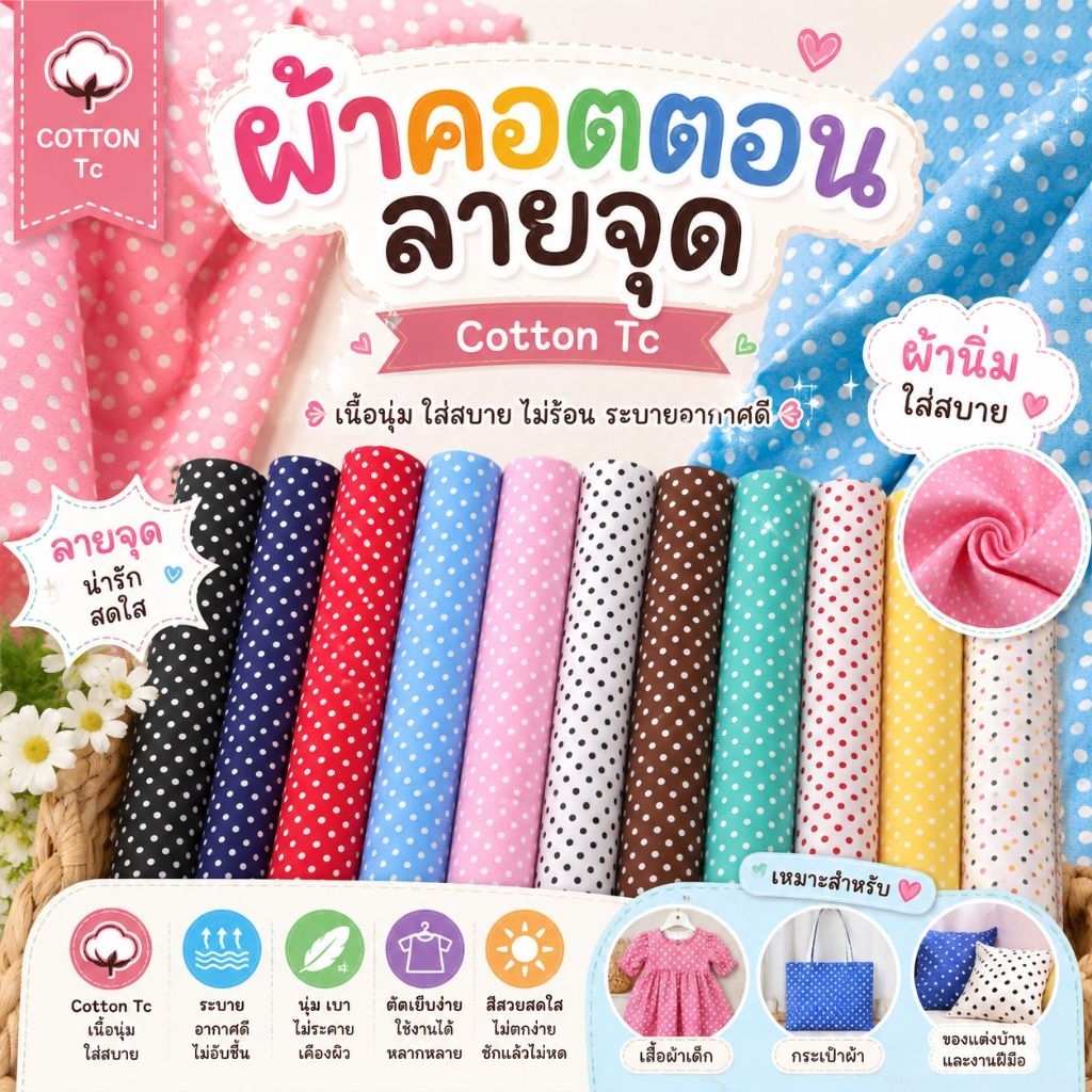 ผ้าเมตร หลา ลายจุด dot มินิมอล อเนกประสงค์ ลายการ์ตูน​ ผ้าคอตตอลผสม ถ่ายพร็อพ ฉาก ผ้าปู หน้ากว้าง 110-115ซม