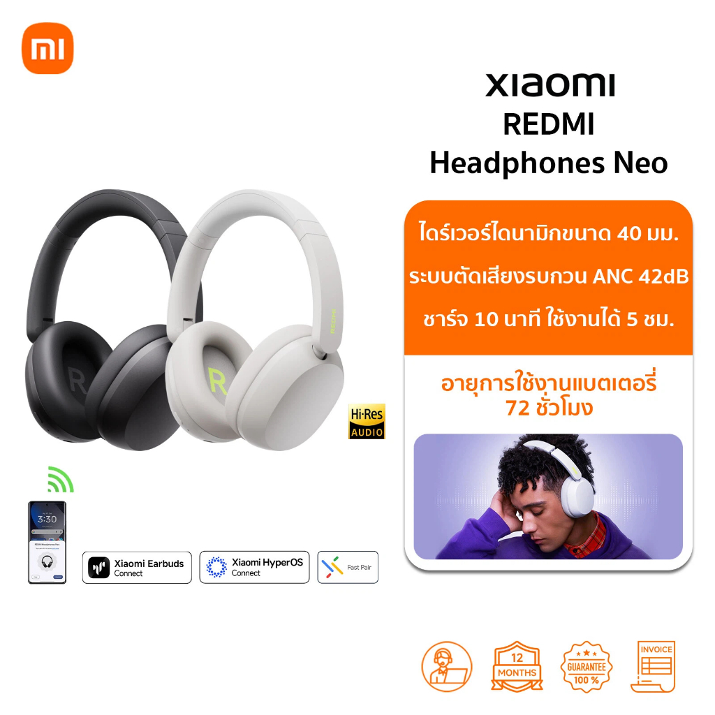 🆕Xiaomi REDMI Headphones Neo หูฟัง | ไมค์ 3 ตัว พร้อม AI ลดเสียงรบกวน | เสียงเบสทรงพลัง | Bluetooth 5.4 | Headset