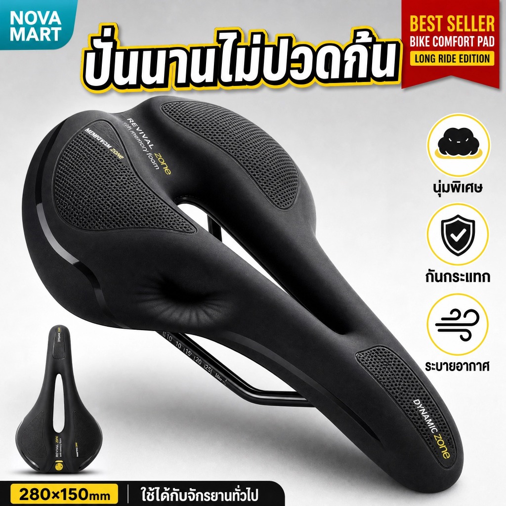 NOVA Mart เบาะจักรยานเจล นุ่มพิเศษ อานจักรยานเสือภูเขา/ถนน กันกระแทก ระบายอากาศดี ติดตั้งง่าย 280x150mm