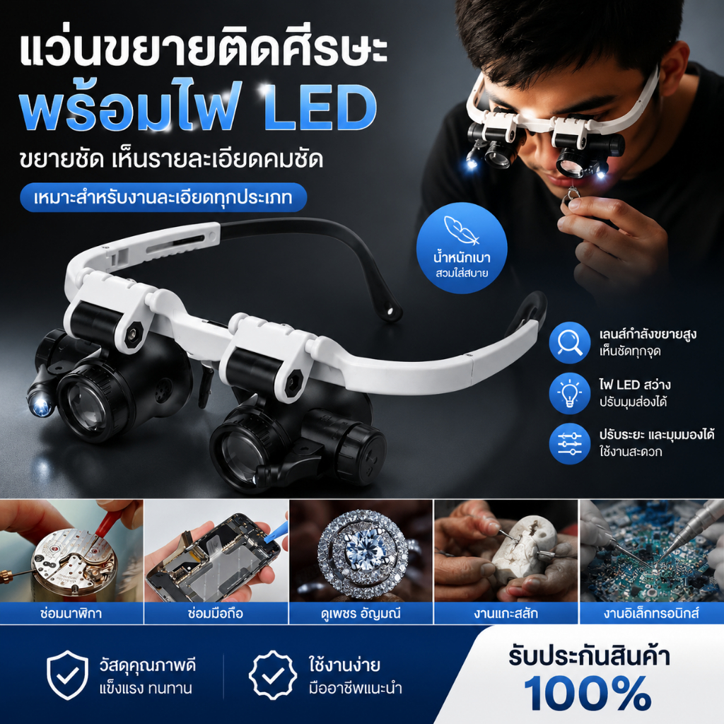 Tfth แว่นขยายคาดศีรษะ พร้อมไฟ LED 8X 15X 23X สําหรับช่างทํานาฬิกา