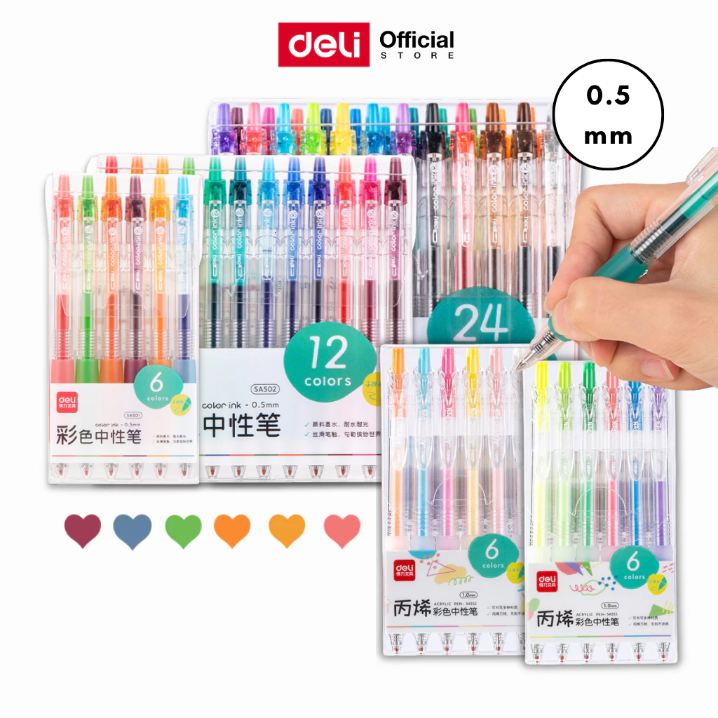 ปากกาเจลสี/ปากกาเจลอะคริลิค 6/12/24 สี Deli รุ่น SA501/502/505 ขนาดเส้น0.5mm Gel pen (จำหน่าย 1 ชุด)