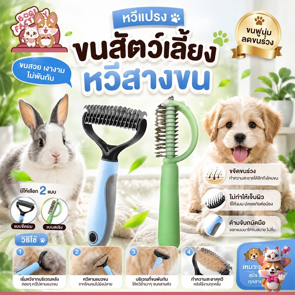 Boqi Factory หวีสางขนที่พันกัน ขนเสียแปรงกำจัดแบบสองด้าน สำหรับสุนัขและแมว SD06