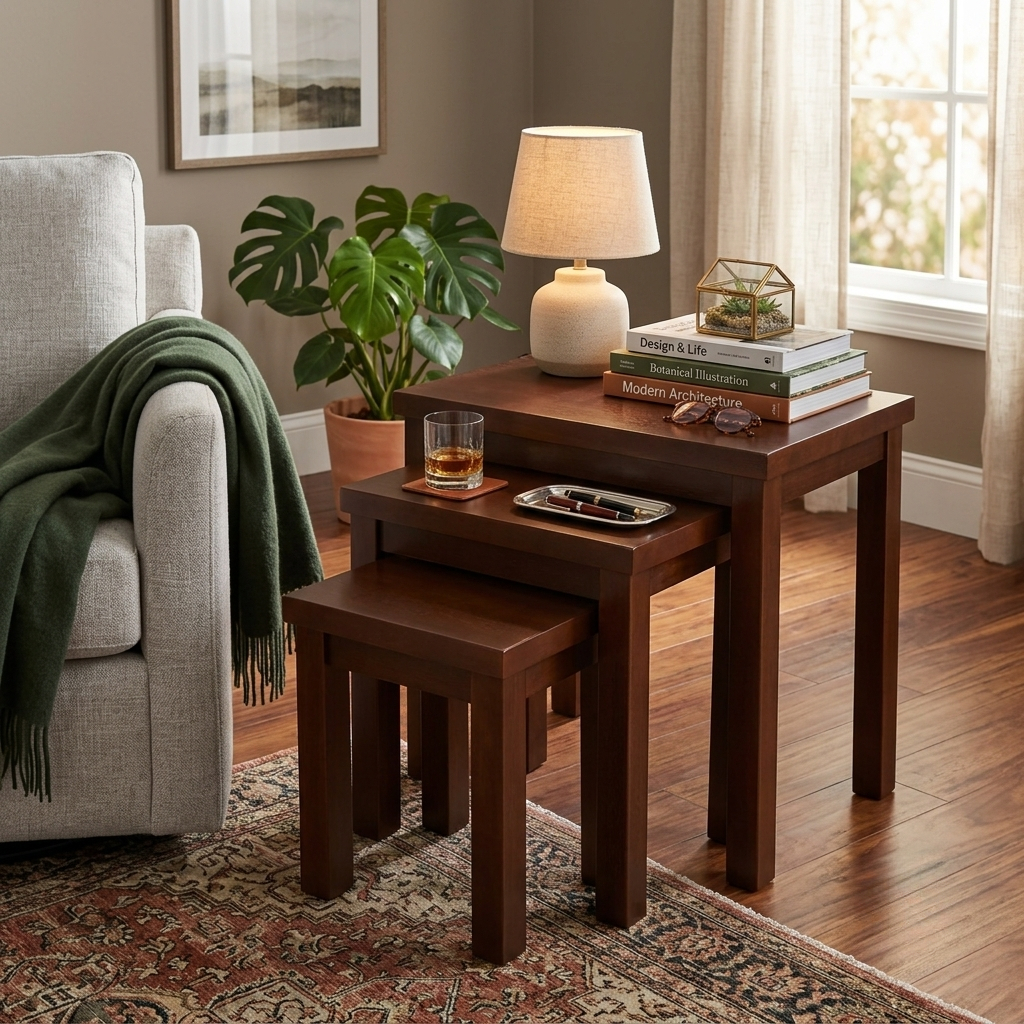 PJ wood โต๊ะกลาง โต๊ะวางของ ไม้แท้ ประหยัดพื้นที่ Nesting Coffee Table Set