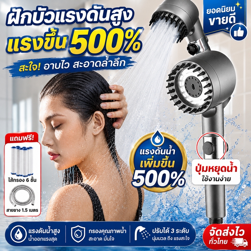 แรงดันน้ำเพิ่มขึ้น500% หัวฝักบัวอาบน้ำแรงดันสูง ไล่กรอง9ชั้น  สัมผัส ฟักบัว ชุดฝักบัว 6กรองน้ำ+สายยาง1.5m ประสบการณ์SPA