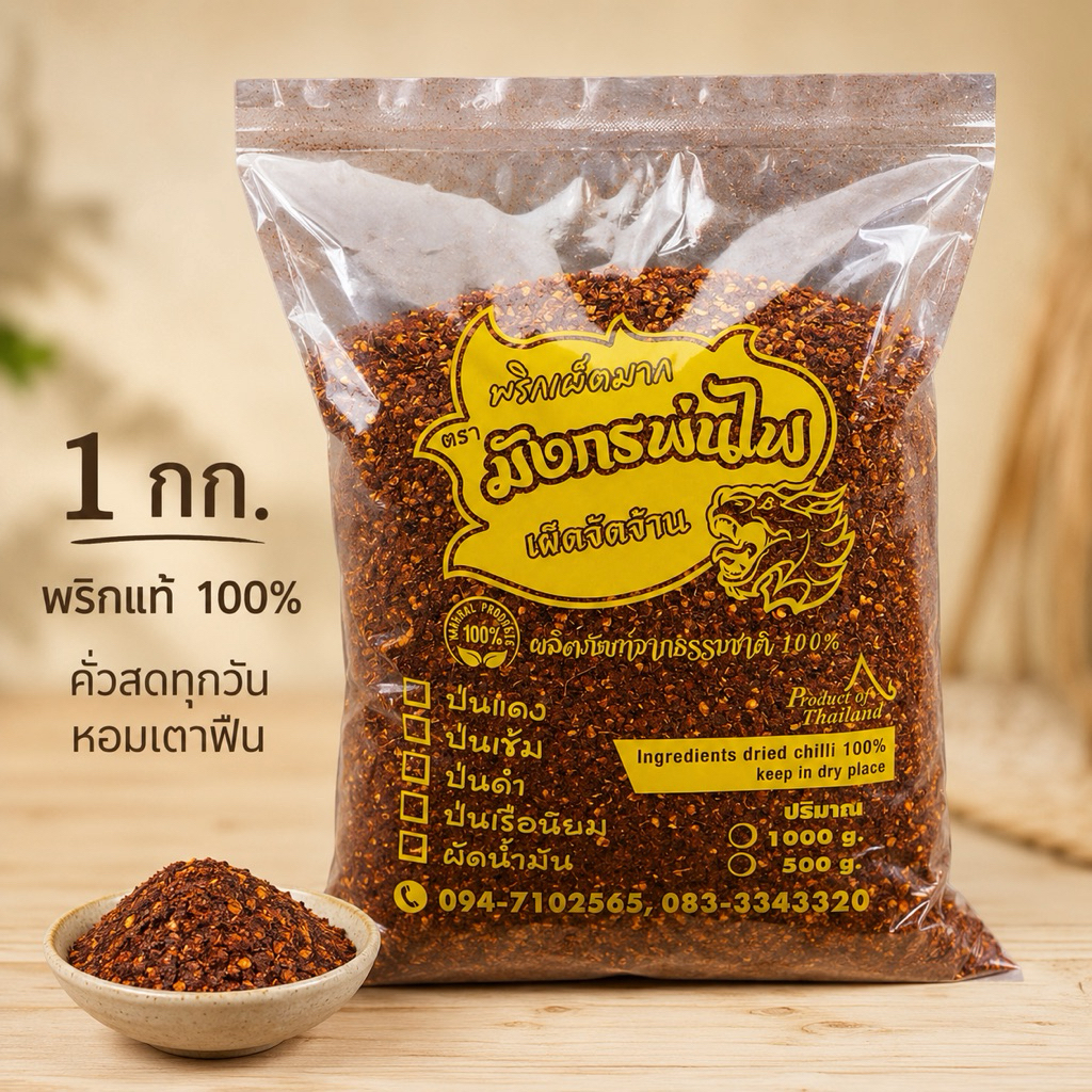 พริกคั่วเข้มสูตรโบราณ หอมคั่วเตาฟืน เผ็ดจัด 1kg พริกมังกรพ่นไฟ(เข้มโล)