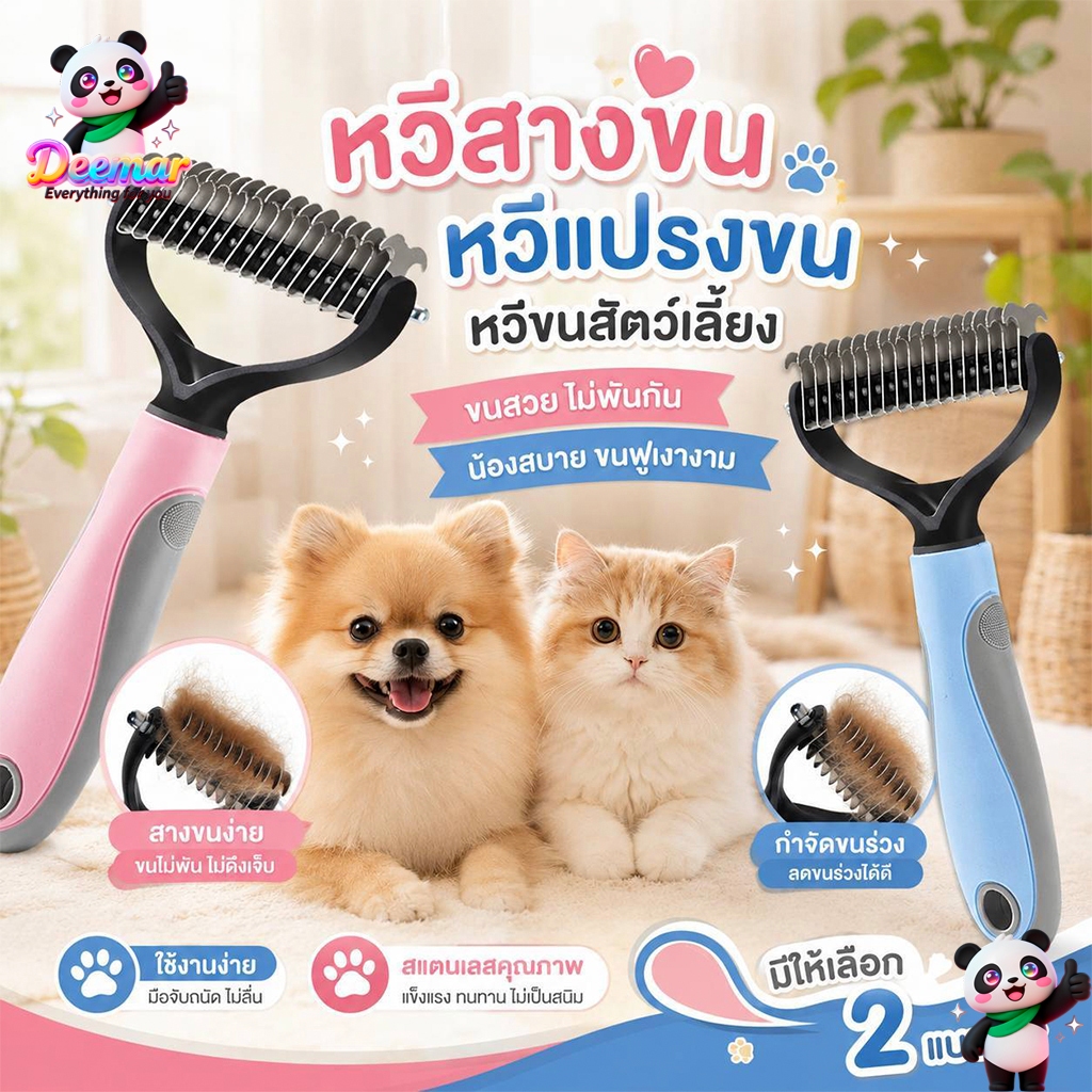 Deemar หวีสางขนที่พันกัน สางขนเสีย มีซี่เป็นสแตนเลส ใช้ทั้งสุนัขและแมว SD03