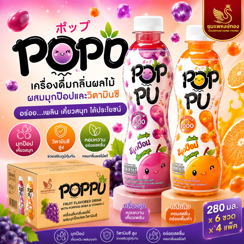 (ลัง)Poppu ป๊อปปุ เครื่องดื่มกลิ่นผลไม้ ผสมมุกป๊อปและวิตามินซี 280 มล. x 6 ขวด x 4 แพ็ค
