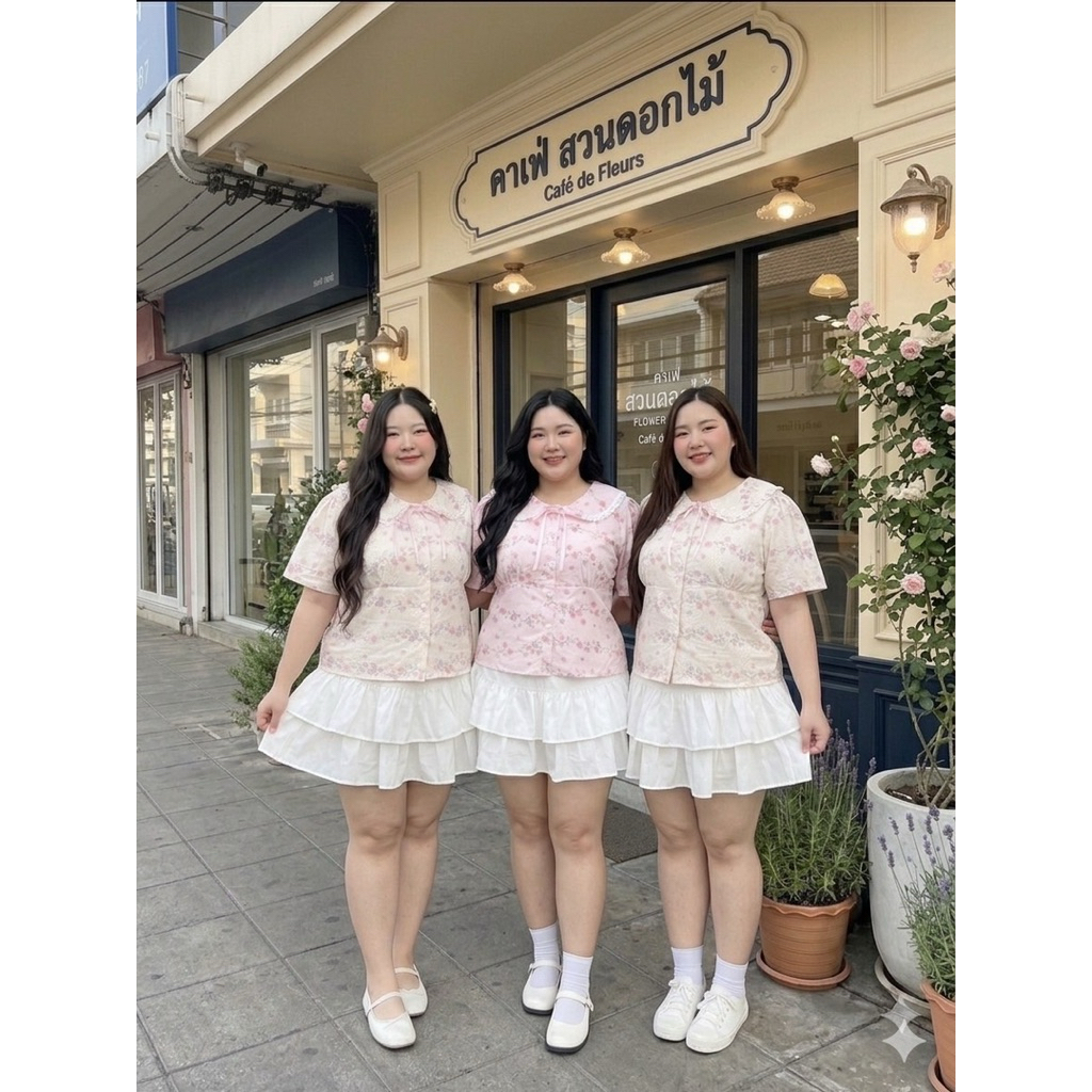 BN704.เสื้อสาวอวบผ้าปักลายฉลุดอกไม้รุ่นปกบัวชายระบาย อก50“