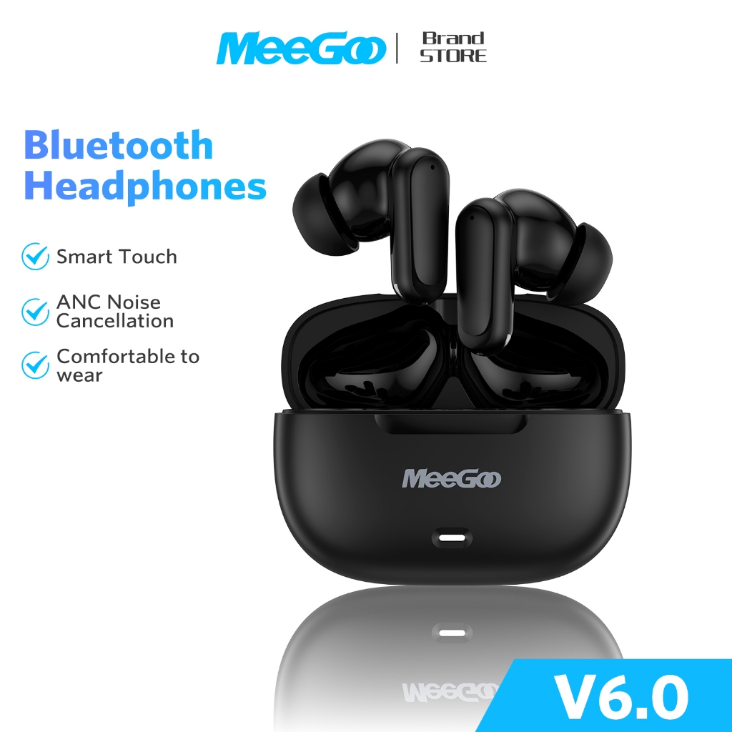 MEEGOO หูหูฟังบลูทูธไร้สาย ANC ตัดเสียงรบกวน Bluetooth 6.0 สัมผัสควบคุม ใช้เดี่ยว/คู่ได้ แบตเตอรี่ทนทาน
