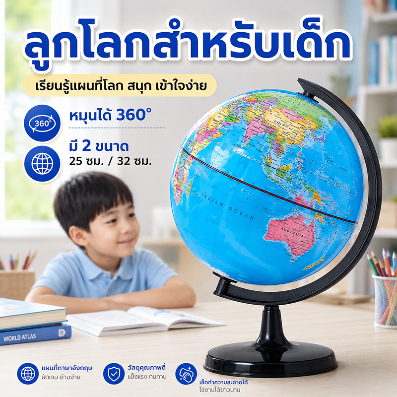 ลูกโลกสำหรับเด็ก ภาษาอังกฤษ หมุนได้ 360° ขนาด 25/32 ซม. ใช้เรียนภูมิศาสตร์
