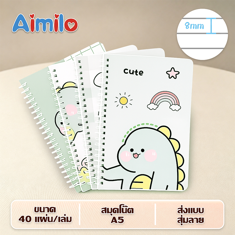 Aimilo shop สมุดโน๊ตจิ๋ว สมุดโน้ตสันห่วง การ์ตูน ขนาด A7 สุ่มลวดลาย มีเส้น จดบันทึก มีหลายรูปแบบ 50 หน้า