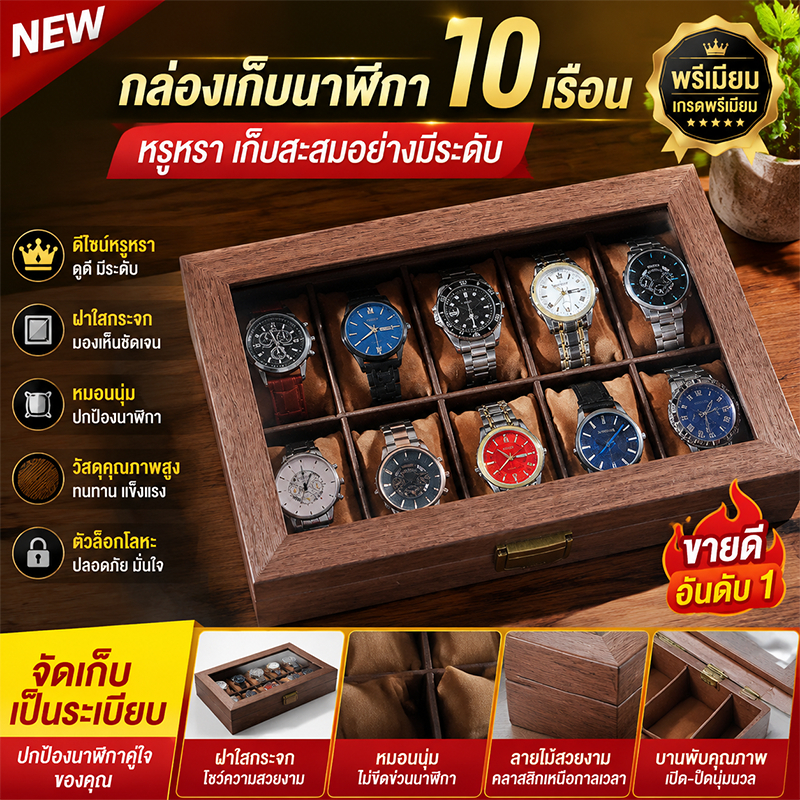กล่องนาฬิกา Watch Box 6/10/12 ช่อง ฝากระจก กล่องเก็บนาฬิกาข้อมือ หรูหรา สำหรับผู้ชาย
