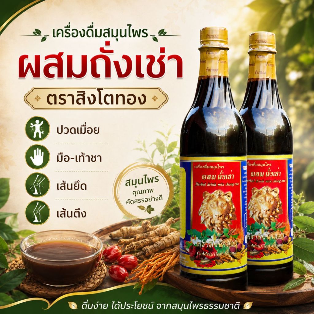 บำรุงร่างกาย คลายปวดเมื่อย ด้วยเครื่องดื่มสมุนไพรผสมถั่งเช่า ตราสิงโตทอง ผ่านการตรวจ GMP ตามกฎหมาย