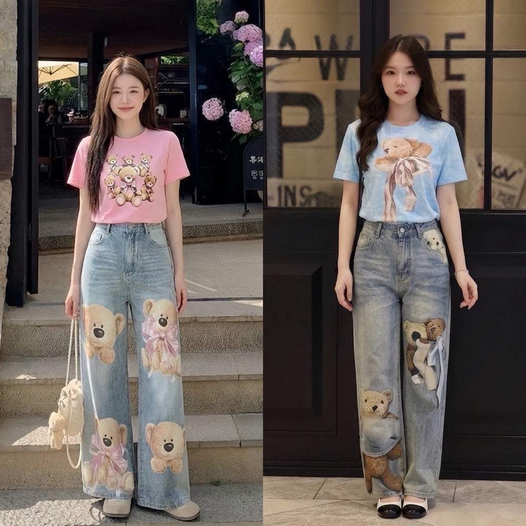 (ปกติ เอว.5 ข้าม ยีนส์นิ่ม) ชุดยีนส์ เสื้อยืด+กางเกงยีนส์เอวสูง ลายหมี งานป้าย chalita